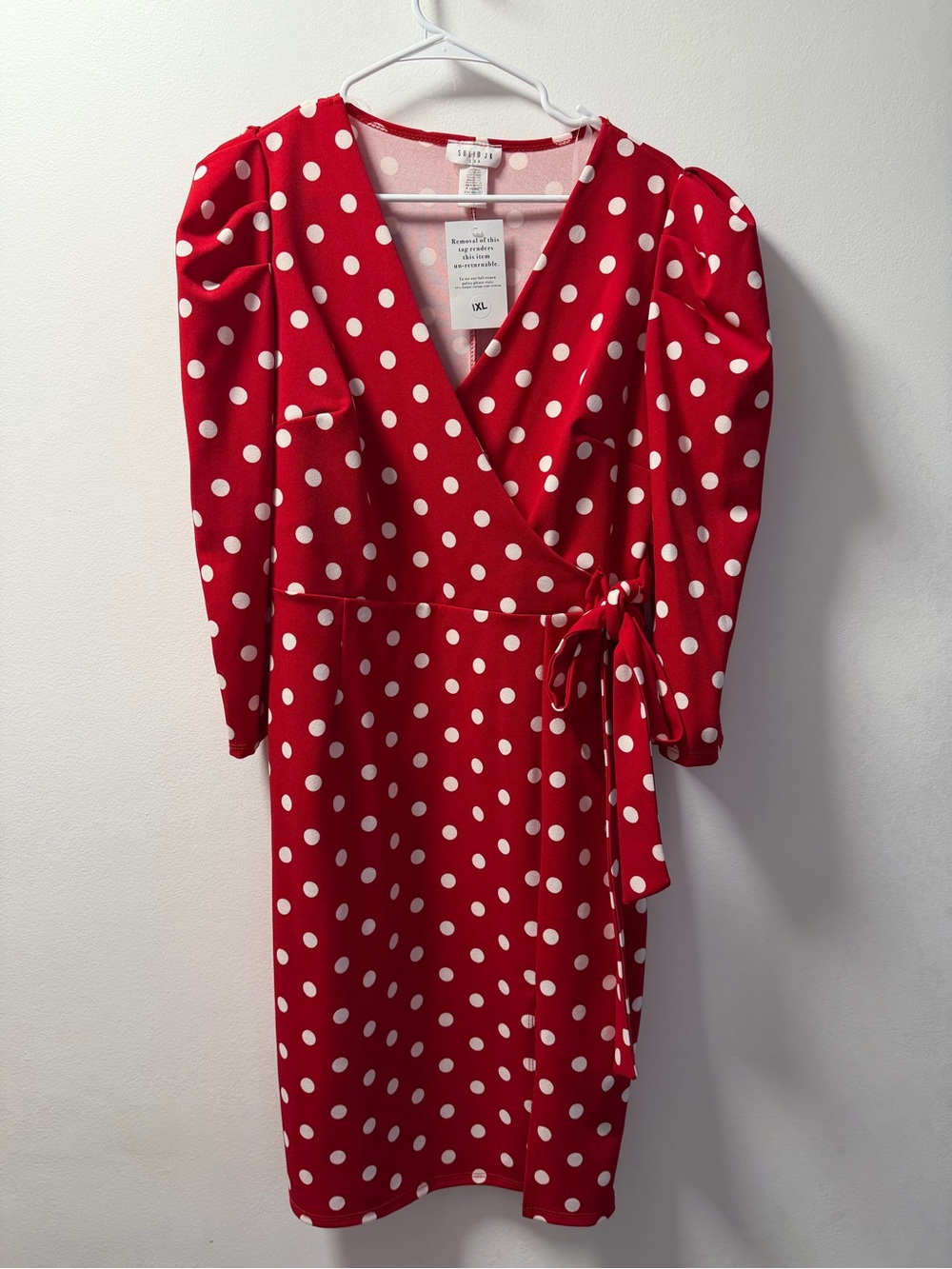 Solid Red Polka Dot Wrap Midi Dress
